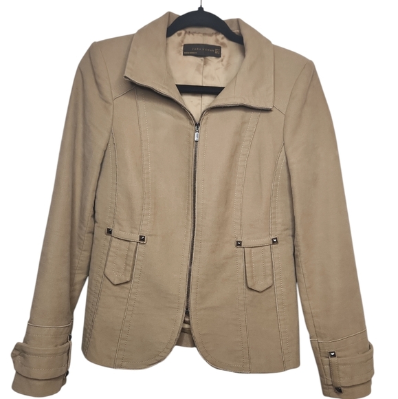 Zara Woman Tan Zip-Up Silvertone Rivet Hardware Jacket Size 6 - Picture 1 of 14